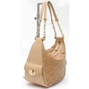 JUDITH LEIBER Shoulder Bag Hobo Leather Beige Gold-Tone HW Crystal Top Zipper